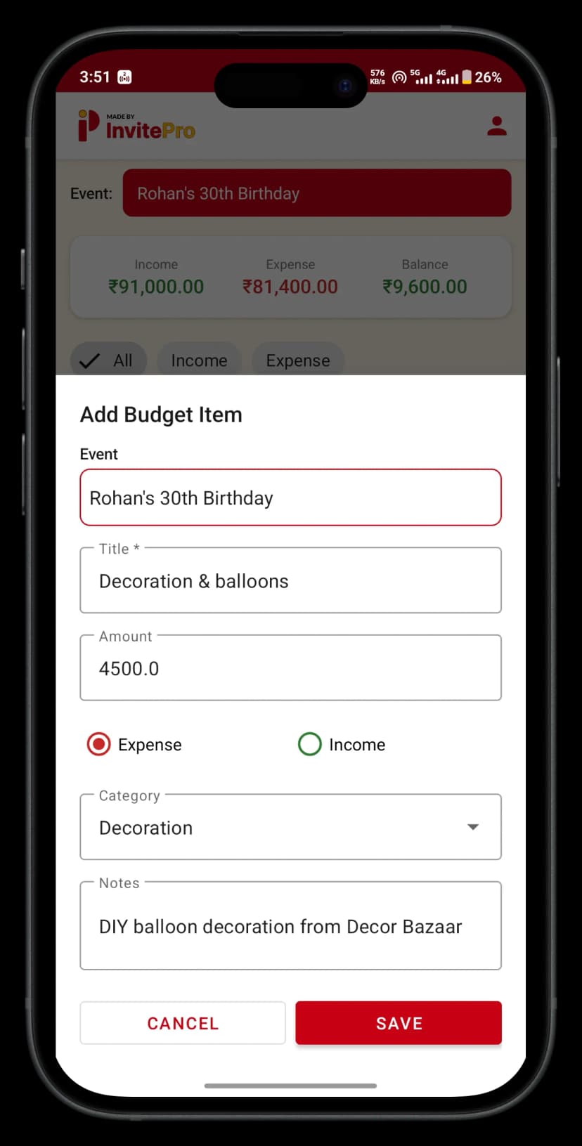 InvitePro budget analytics and reporting screen