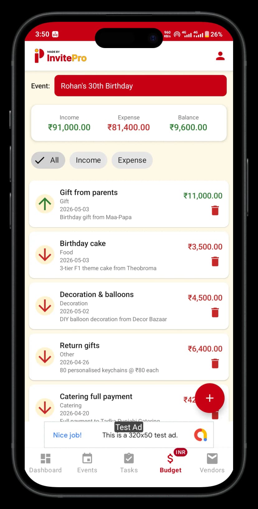 InvitePro budget tracker screen