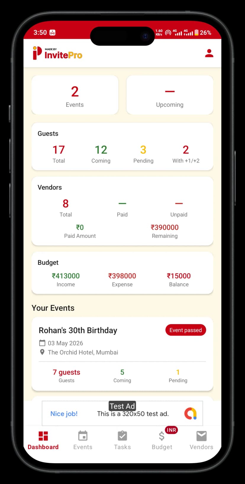 InvitePro RSVP tracking dashboard screen