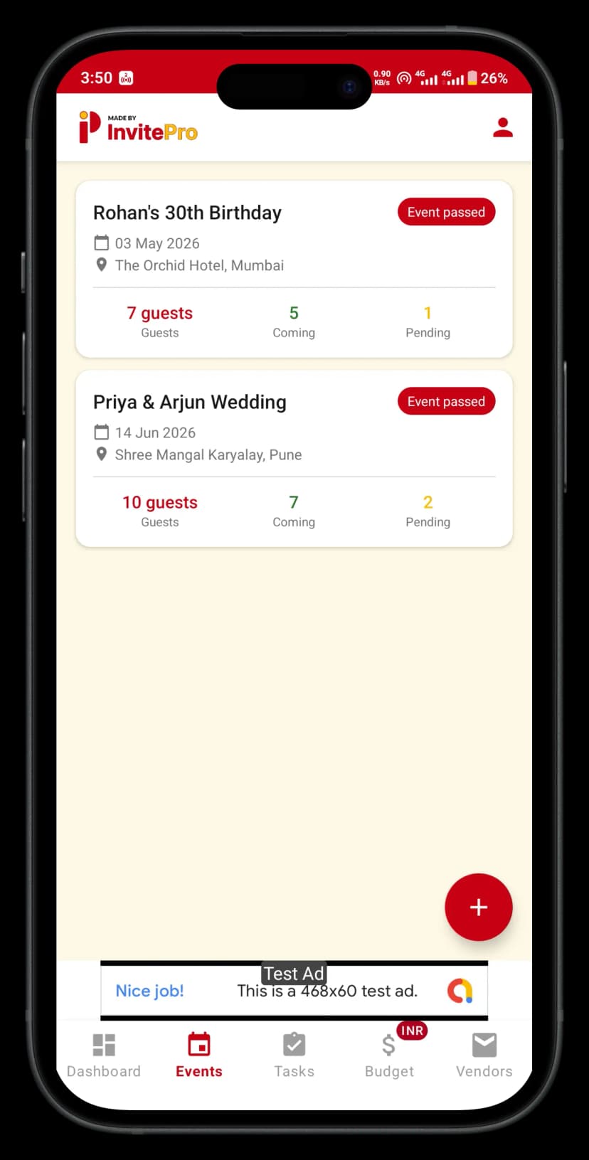 InvitePro events and invitation management screen