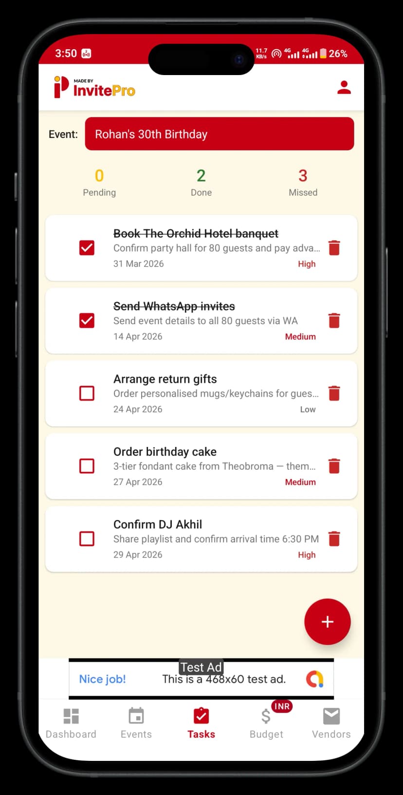 InvitePro task manager screen